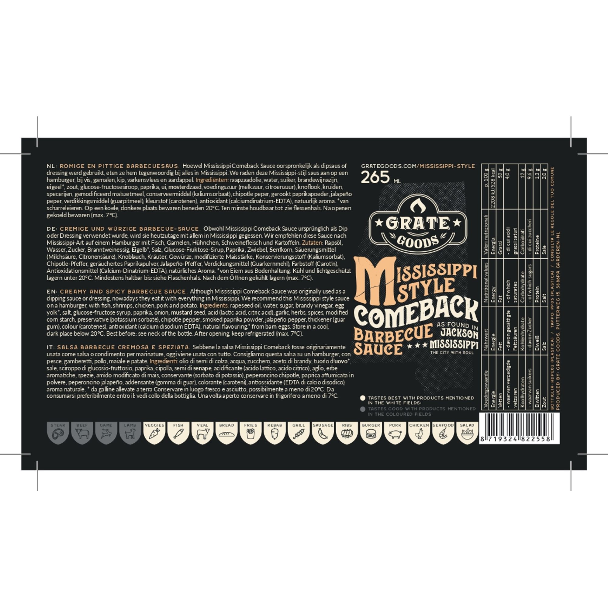 Salsa Barbecue Mississippi Comeback per pesce, gamberetti, pollo, carne di maiale e patate - 265ml