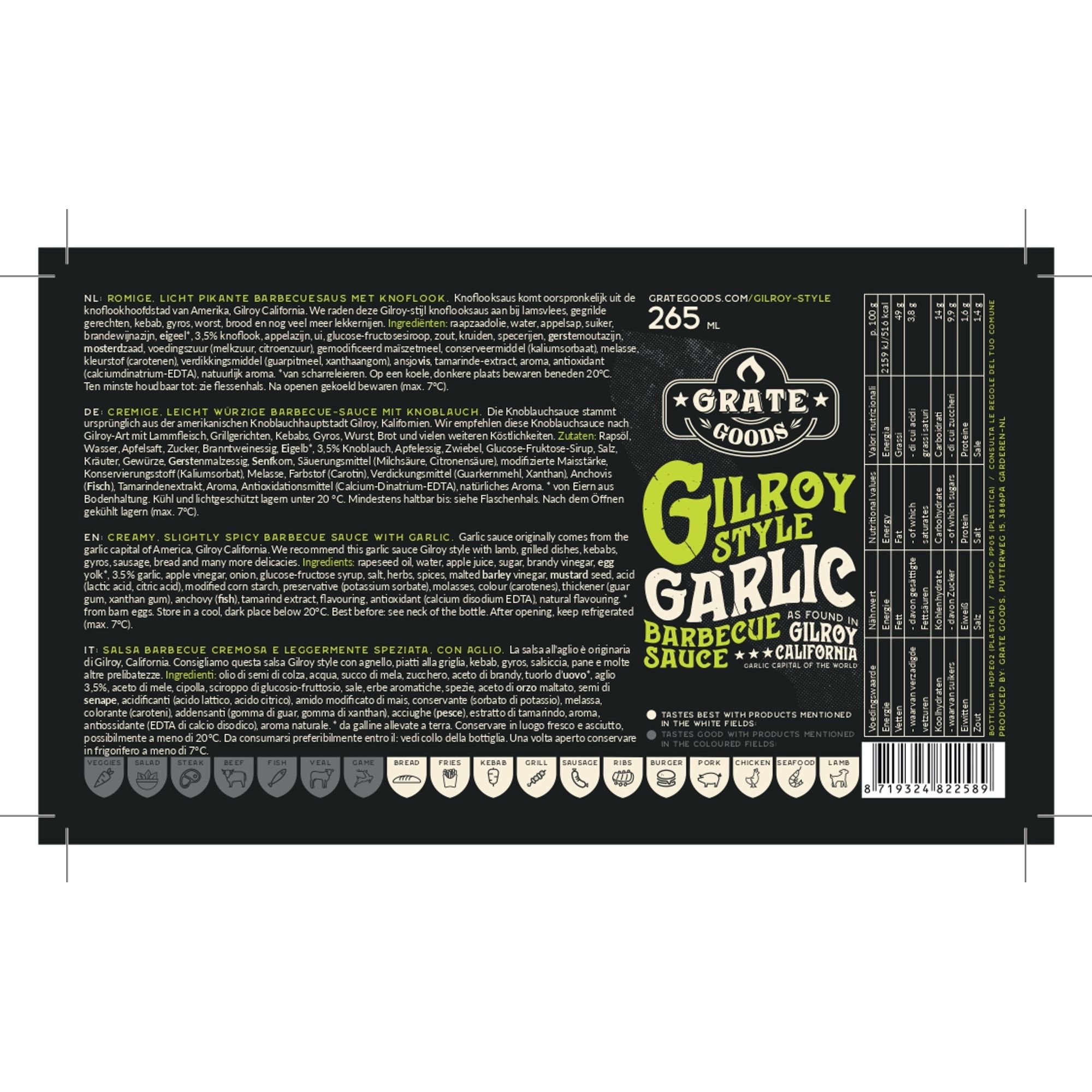 Salsa Barbecue Gilroy Garlic piccante per burger, agnello, frutti di mare e crostacei - 265ml