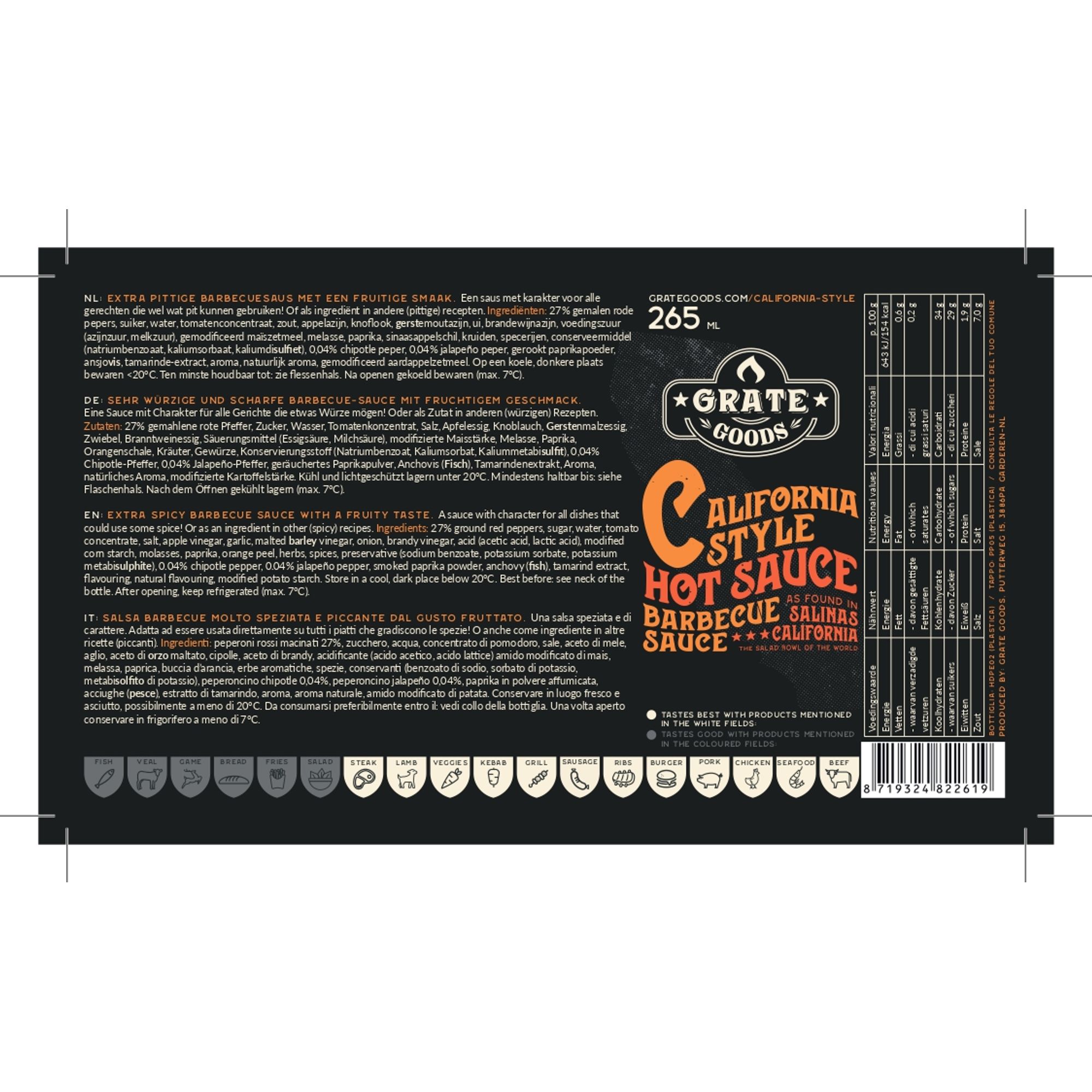Salsa Barbecue California Hot piccante per pesce, crostacei e molluschi - 265ml